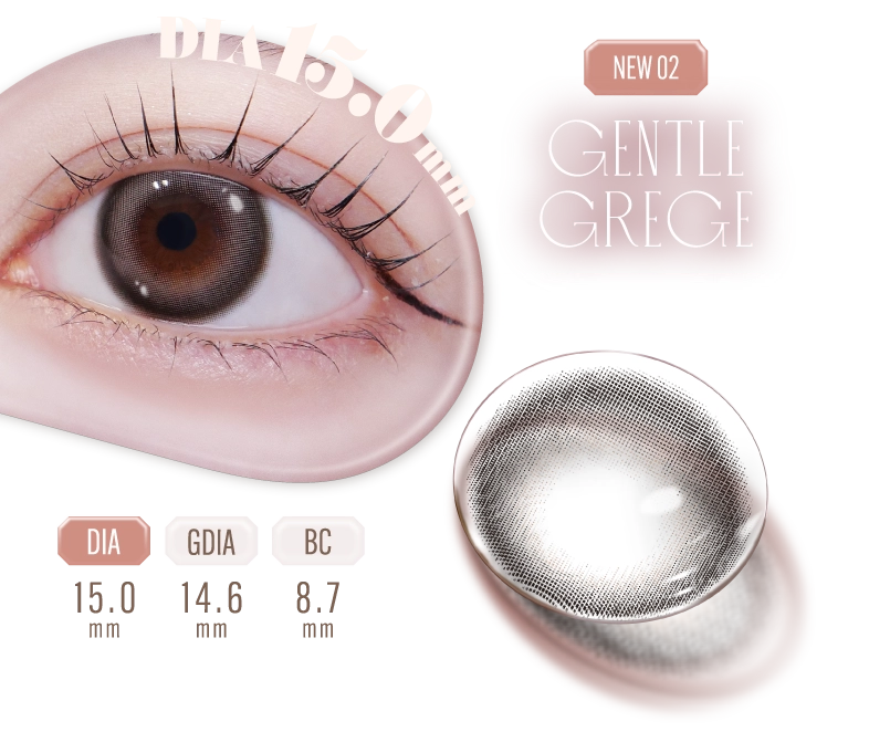 NEW 02 GENTLE GREGE、DIA 15.0mm 着用画像とレンズ詳細